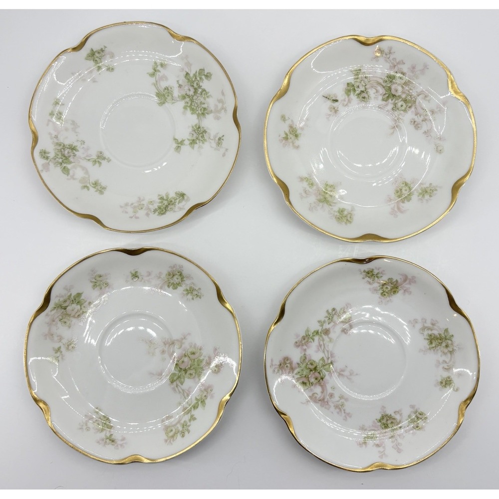 Set of 4 Vintage Haviland & Co Limoges Schleiger Gold‎ Trim Floral Saucers 5.25"